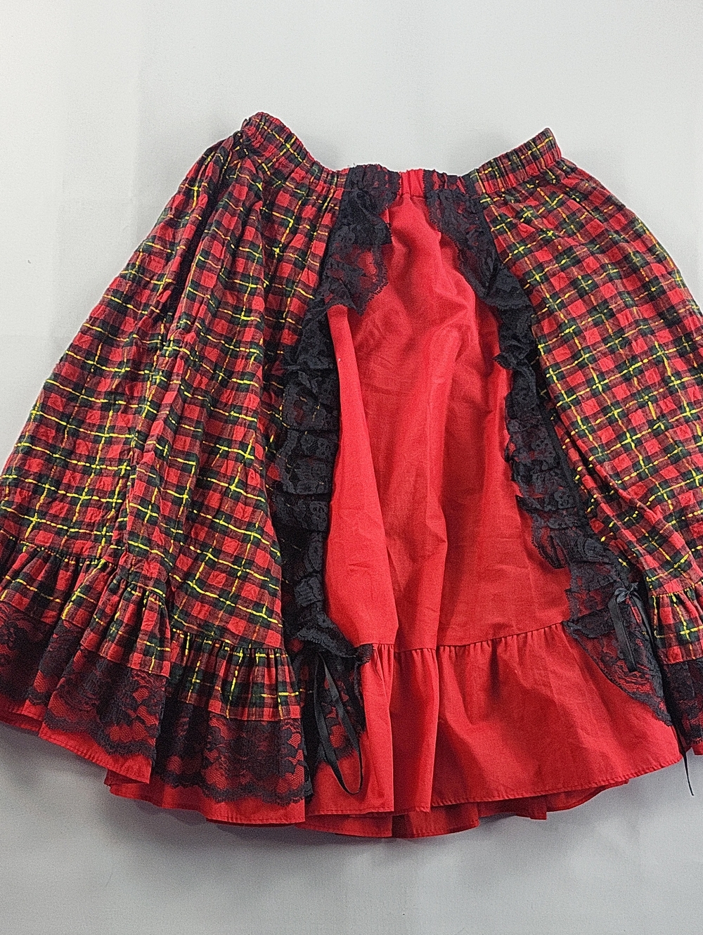 Vintage Gothic Punk Red Plaid Bustle Skirt with Black Lace Trim And Ribbon Sz M
